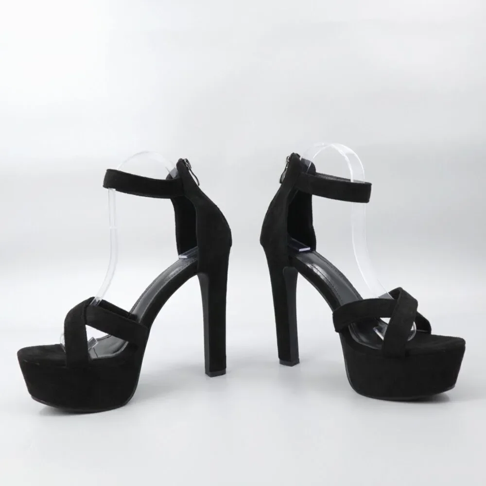 Black Chunky Platform Heels Size 7 Faux Suede Ankle Strap Pumps NIB